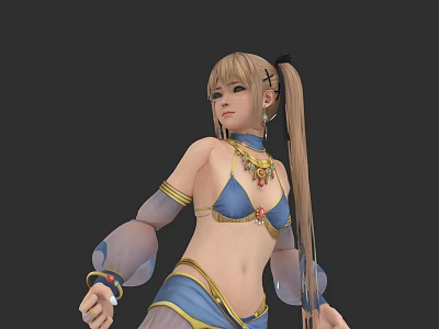 Game Movie Character With Blonde Ponytail Blue Bikini Top Sheer Sleeves And Golden Accessories 3d model