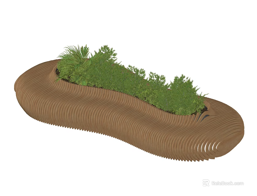 Modern Wooden Outdoor Bench With Wavy Texture And Green Plants For Garden Relaxation 3d model 