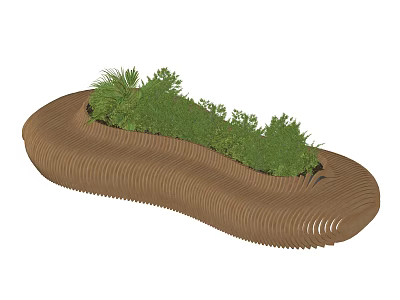 Modern Wooden Outdoor Bench With Wavy Texture And Green Plants For Garden Relaxation 3d model