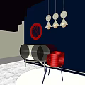 Modern Stylish Entryway Console Table With Dark Blue Wall Red Circular Decor And Pendant Lights 3d model