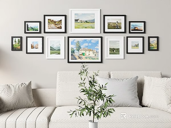 Stylish Photo Wall With Mixed Size Frames Black White Borders And Scenic Nature 3d model 