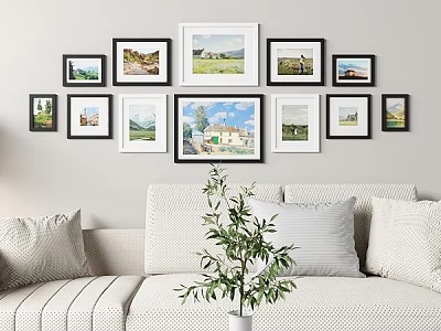 Stylish Photo Wall With Mixed Size Frames Black White Borders And Scenic Nature 3d model