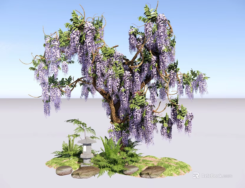 Lush Arbor Covered With Purple Flowers Green Plants Stones And Stone Lantern 3d model 