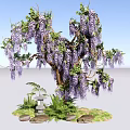 Lush Arbor Covered With Purple Flowers Green Plants Stones And Stone Lantern