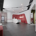 Modern Office Reception Area With Red White Wall And Green Shelves