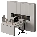 Modern Office Desk with Two Laptops White Table Lamps Vase and White Cabinet with Books