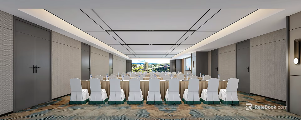 Spacious Modern Conference Room With White Chairs Green Decor And Mountain View 3d model 