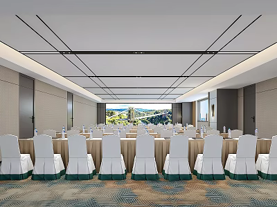 Spacious Modern Conference Room With White Chairs Green Decor And Mountain View 3d model