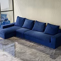 Blue Sectional Sofa With Multiple Cushions On Marble Floor And Large Window View 3d model