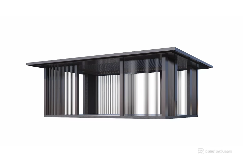 Modern Outdoor Pavilion Structure With Black Frame Vertical Slats And Flat Roof 3d model 