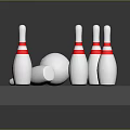Bowling Pins And Ball Display On White Platform With Red Stripes