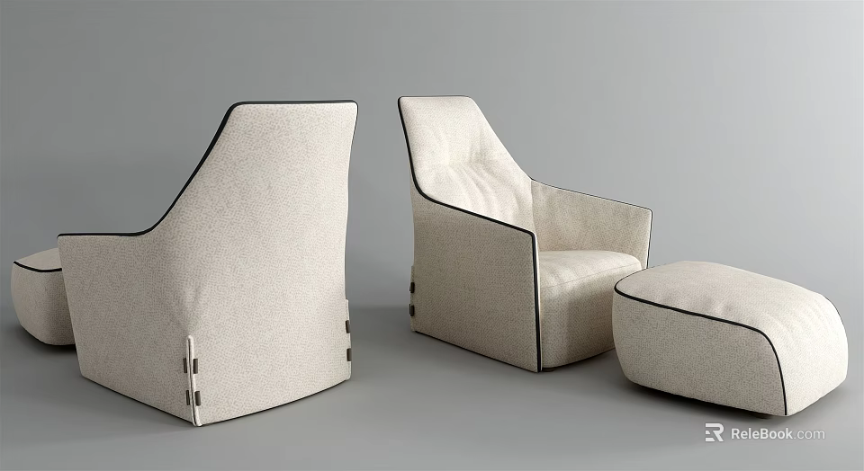 Modern Minimalist Single Sofa With Beige Fabric Upholstery Black Trim And Ottoman 3d model 