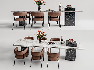 Elegant Dining Table Set With Marble Top Brown Chairs Flower Vase Wine Bottle And Fruits 3d model