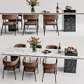 Elegant Dining Table Set With Marble Top Brown Chairs Flower Vase Wine Bottle And Fruits