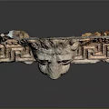 Ancient Classical Stone Carving With Lion Head Sculpture And Intricate Geometric Patterns
