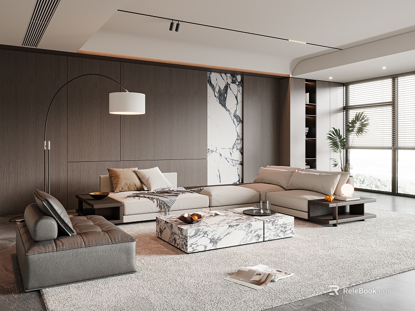 Modern Living Room With Wooden Walls Marble Accent Wall Light Gray Sofa Marble Coffee Table 3d model 