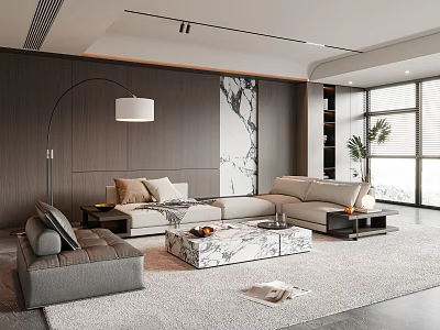 Modern Living Room With Wooden Walls Marble Accent Wall Light Gray Sofa Marble Coffee Table 3d model
