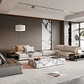 Modern Living Room With Wooden Walls Marble Accent Wall Light Gray Sofa Marble Coffee Table