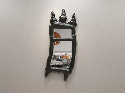 Unique Shaped Black Frame Mirror Reflecting Living Room Sofa And Lamp 3d model