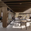 Book Art Inspired Library Interior With Wooden Beam Ceiling And Reading Tables