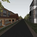 Modern Industrial Factory Area With Red Brick Buildings Glass Curtain Walls And Tree-Lined Roadway