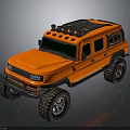 Orange Off Road SUV With Large Tires Roof Rack And Front Headlights