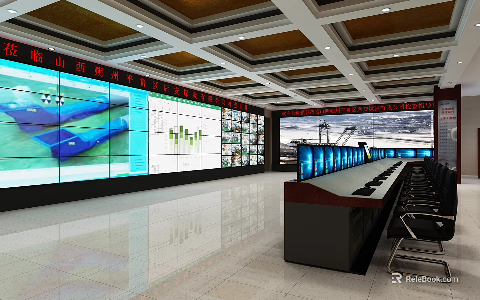 Modern Monitoring Room with Multiple Large Screens Data Displays and Control Desks 3d model 