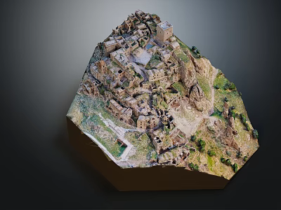 Detailed Ancient Mountain Village Model Built On Rocky Terrain With Traditional Structures And Greenery 3d model
