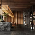 Rustic Restaurant Interior With Wooden Ceiling Hanging Lamps Wicker Chairs And Round Tables