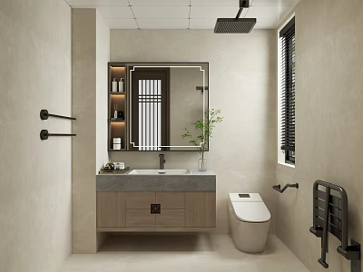 Modern Bathroom Interior Featuring Wooden Vanity Large Mirror Toilet Shower Area Wall Tiles And Plants 3d model