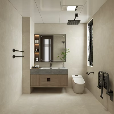 Modern Bathroom Interior Featuring Wooden Vanity Large Mirror Toilet Shower Area Wall Tiles And Plants 3d model