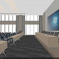 Modern Conference Room Interior Design With Large Projection Screen Rows Of Chairs And City View Windows