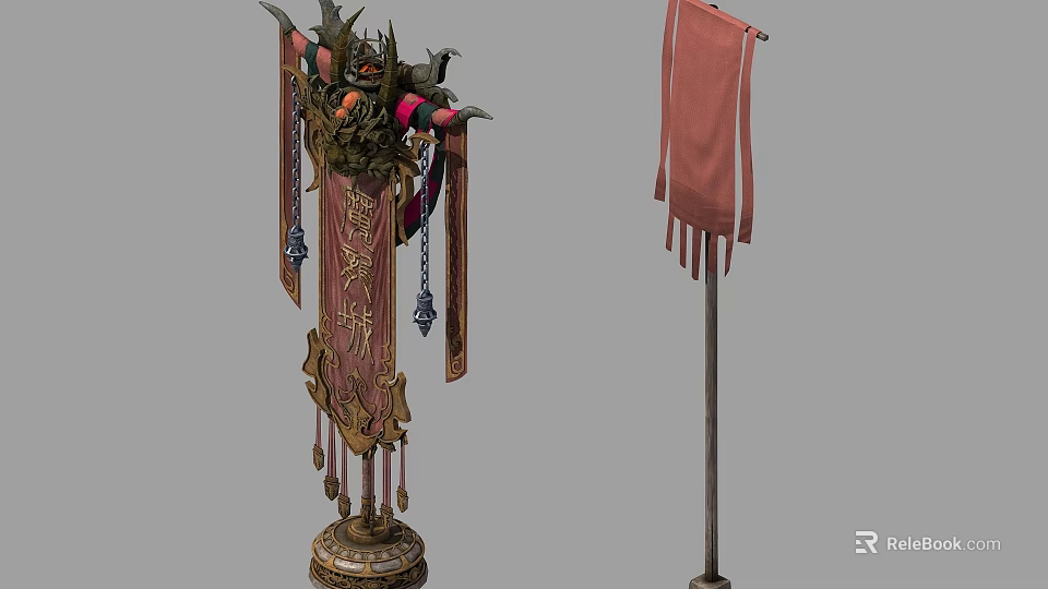 Traditional Chinese Decorative Architectural Column With Red Gold Carvings Tassels And Banner 3d model 