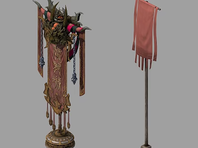 Traditional Chinese Decorative Architectural Column With Red Gold Carvings Tassels And Banner 3d model