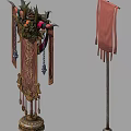 Traditional Chinese Decorative Architectural Column With Red Gold Carvings Tassels And Banner