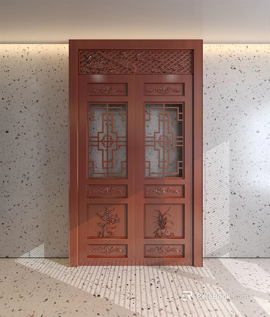 Red Double Doors With Intricate Carved Designs And Lattice Patterns On Speckled Wall 3d model 