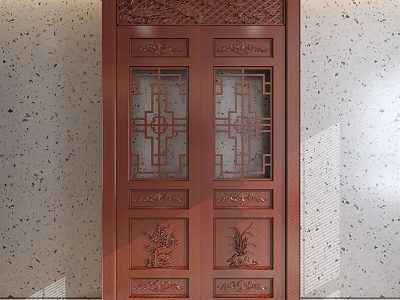 Red Double Doors With Intricate Carved Designs And Lattice Patterns On Speckled Wall 3d model