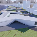 Modern Coastal Architectural Complex With Geometric White Structures And Waterfront Green Areas 3d model