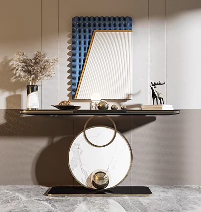 Modern Console Table Design With Decorative Mirror Dried Flowers And Marble Elements 3d model