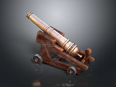 Old Historical Cannon Weapon With Brass Barrel And Wooden Carriage Two Wheels 3d model