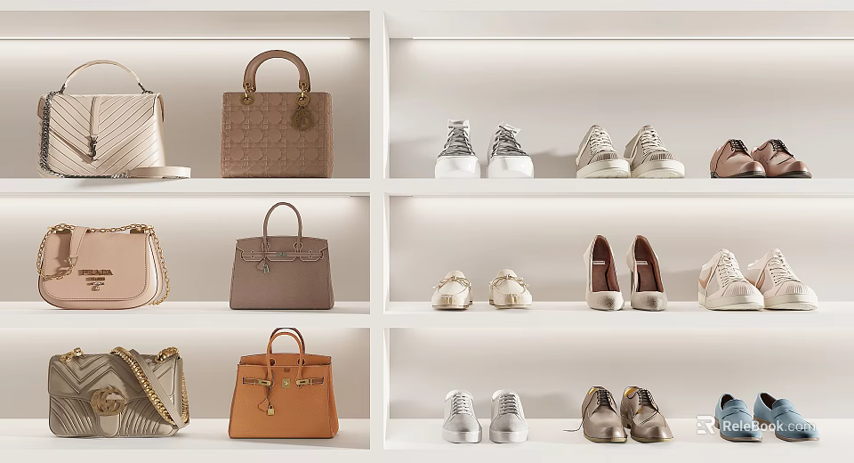 Elegant Handbags Display On White Shelves With Shoes In Fashion Store 3d model 