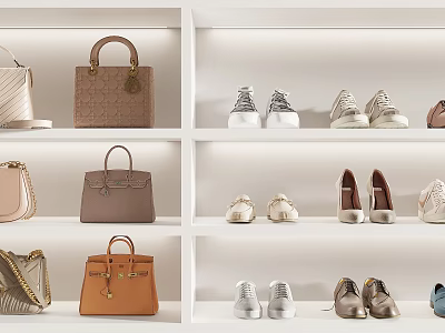 Elegant Handbags Display On White Shelves With Shoes In Fashion Store 3d model