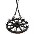 Vintage Wheel Shaped Black Metal Chandelier With Hanging Chains And Decorative Spikes