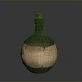 Decorative Green And Brown Glass Bottle With Cork Stopper And Paper Wrapping With Text