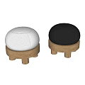Round Gray Leather And White Fabric Ottoman With Solid Wooden Legs Design