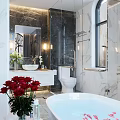 Luxury Cozy Bathroom Interior With Freestanding Bathtub Green Plants And Romantic Relaxing Petal Bath