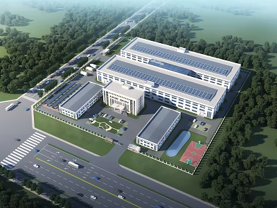 Modern Industrial Factory Complex With Solar Roof Green Surroundings Parking Area And Road Access 3d model