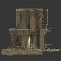 Contemporary Setting Featuring Ancient Stone Ruin Model with Broken Pillars and Debris