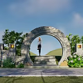 Building Exterior Wall with Circular Stone Archway Night Lighting Steps and Green Plants
