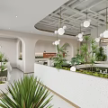 Modern Restaurant Interior With Hanging Lights Green Plants Bar Counter And Seating Area